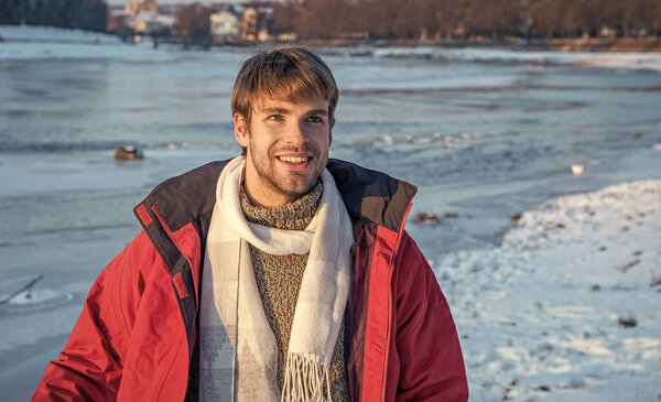 happy man in outerwear outdoors. stylish man in outerwear outdoor. man in outerwear at holidays. man in outerwear jacket.