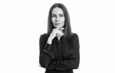Düşünceli bir iş kadını karar veriyor. İş kadını iş ikilemi üzerine düşünüyor. Düşünceli iş kadını stüdyosu beyazlara izole edilmiş..