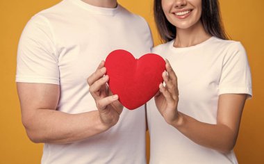 Birbirine aşık bir çift. Romantik hediyelere bayılırım. Tatlım. Sevgililer günü hediyesi olan aile çifti. Kalpten bir hediye. Sarıda izole edilmiş bir erkek ve kadın. Kalpli bir çift. Sevgililer günün kutlu olsun. Kırpılmış görünüm.