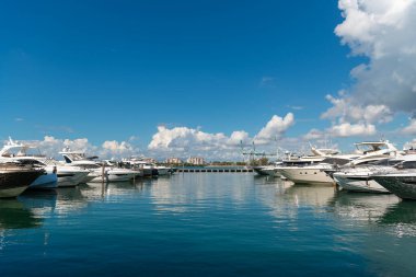 Yelkenli yat limanına demirlemiş. Yelkencilik ve yat turizmi. Lüks bir yaşam tarzı. Yaz tatilleri. Deniz limanında yat. Biscayne Körfezi 'ndeki yat marinasında lüks bir tekne. Yat Kulübü.