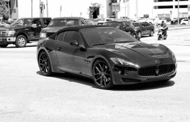 Miami Beach, Florida USA - April 15, 2021: black maserati gran turismo, corner view.