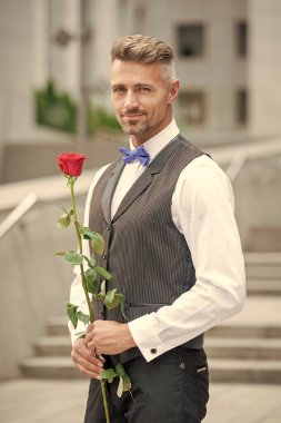 valentines day concept. cheerful tuxedo man with valentines rose. flower gift for valentines day.
