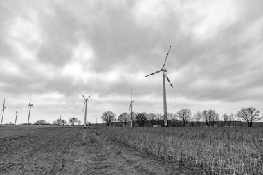 Yeşil enerji. Enerji teknolojisi. Yel değirmeni türbinleri yeşil enerji üretiyor. Güç üretimi için yel değirmeni. Kıyıdan uzak yel değirmeni çiftliği. Rüzgar türbinleri. Yel değirmeni manzarası Elektrik için rüzgar türbini jeneratörü.