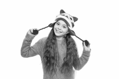 happy little girl loves winter. finally winter holidays. enjoy christmas vacation. good mood in any weather. warm apparel for cold weather. childhood happiness and joy. premium wool.