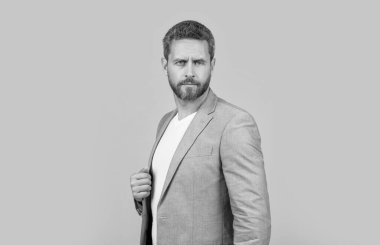 portrait of caucasian ceo in jacket isolated on yellow background. ceo in studio. photo of handsome ceo wear suit. ceo wearing formal jacket.