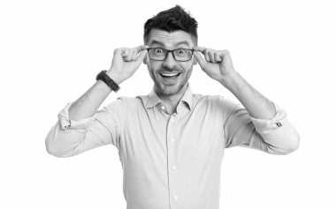 photo of glad man in eyewear. glad man in eyewear isolated on white background. glad man wearing eyewear in studio. glad man eyewear wear glasses.