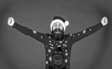 Mutlu yıllar. Hipster komik örgü süveter. Bir yılı daha sevgi, mutluluk ve tezahüratla kutluyoruz. Soğuk hava. Sakallı Noel Baba şapkası. Mutlu noeller. Noel indirimi. Noel kutlaması.