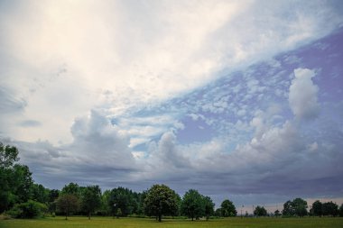Doğanın manzarası. Park halindeki doğanın manzarası. Doğa manzaralı park yeri. Açık hava parkında manzara çayırı ve göl. Doğal güzellik..
