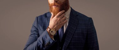 Takım elbise ve iş CEO 'su. Takım elbiseli CEO 'nun gri arka planda izole edilmiş görüntüsü. İş CEO 'su resmi kıyafet giyer. Stüdyo CEO 'su..