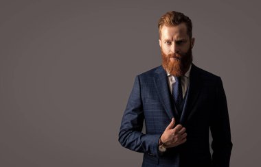 Takım elbiseli ve kravatlı bir girişimci. Takım elbiseli girişimci gri arka planda izole edilmiş, kopyalama alanı. Girişimci resmi kıyafetler giyer. Girişimcinin stüdyo çekimi.