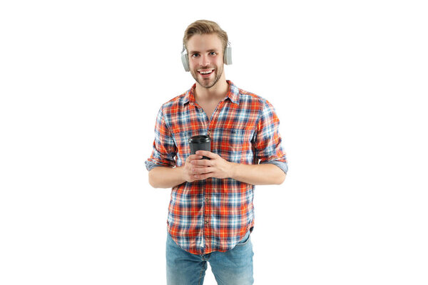 Audio book. Millennial man listen music isolated on white. Modern lifestyle. Listen to music in headphones. Man millennial gen listen audio. Music lover lifestyle. Student life. Enjoying the sound.
