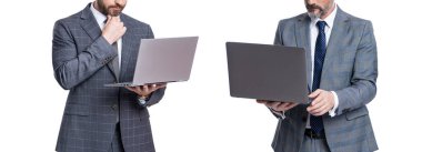 İş toplantısı ve video konferansı. Bilgisayarda çalışan iki iş adamı beyazla izole edilmiş. İş adamları çevik işler geliştirir. Serbest meslek sahibi bir girişimci. Video çağrısı. kırpılmış görünüm.