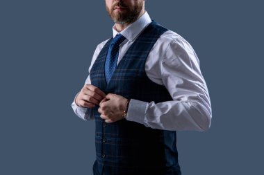 Bespoke takımı. Resmi erkek giyimi. Formalite icabı iş adamı. Kesik manzaralı. Zarif terzilik yeleği giymiş bir iş adamı. Gri kravatlı resmi takım elbise. Erkek giyim kuşamı. Ticari Davranış.