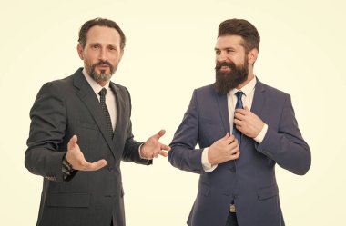 Men bearded wear formal suits. Well groomed business men. Partnership and teamwork. Men successful entrepreneurs white background. Team of innovators. Business team. Business people concept. clipart