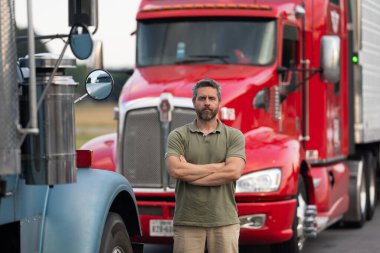 Man driver near lorry truck. Truck driver. Trucking owner. Transportation vehicles. Hispanic man in front of truck. Semi trucks vehicle. Man owner truck driver. Transportation industry. clipart