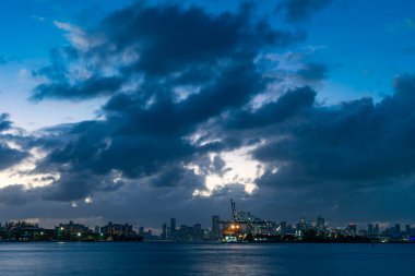 Miami South beach landscape at night. Aerial Miami skyscraper. Miami beach and cityscape. Luxurious lifestyle. Cityscape landscape. Florida panorama. Skyscraper architecture of Miami. clipart