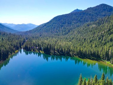 Washington 'daki Cooper Gölü. Cooper Gölü 'nün popüler doğa yürüyüşü. Cooper gölü ve dağ manzarası. Cooper Gölü 'nün dağ ve orman manzarası. Doğa manzarası. Lakefront görünümü.