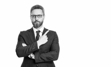 Fotokopi alanına işaret eden bir teklif yap. Başarılı bir iş adamı beyazdan soyutlanmış. İşadamı mesleği. İş adamı portresi. Başarılı bir iş..