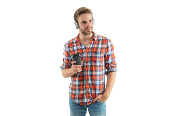 Student life. Audio book. Millennial man listen music isolated on white. Modern lifestyle. Listen to music in headphones. Man millennial gen listen audio. Music lover lifestyle. Coffee break.