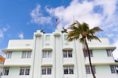 Art deco. Mimari bölge Art Deco. Miami sahilinin modern binası. Okyanus yolculuğu. Ocean Drive 'daki Miami Plajı. Art Deco mimarisi. Mimari bina. Mimari tasarım.