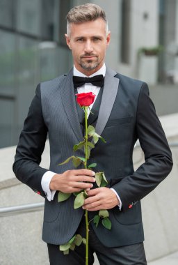 Siyah smokinli zarif adam. Smokin giymiş, papyonlu bir adam. Kırmızı güllü gri smokinli adam..