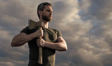 strong man with axe. woodman man hold ax. brutal man on sky background. clipart