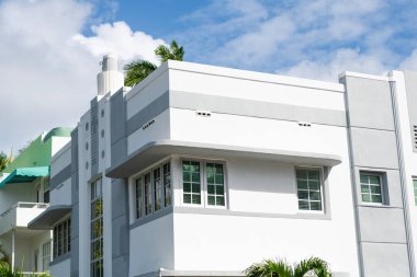 Mimari bölge Art Deco. Miami sahilinin modern binası. Okyanus yolculuğu. Ocean Drive Florida 'daki Miami Plajı. Art Deco mimarisi. Mimari bina. Bir modernlik kutlaması.