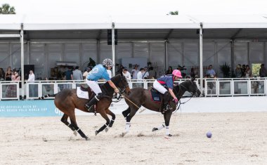 Miami Plajı, ABD-17 Kasım. 2024: Polo oyuncuları Dünya Polo Ligi Plajı 'nda oynuyorlar. Miami Beach, FL 'deki atların polo oyuncuları.
