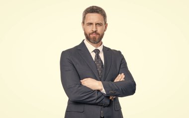 İş başarısı. Takım elbiseli başarılı bir CEO. Kendine güvenen bir girişimci. İş liderliği. Profesyonel İspanyol CEO başarısını ifade ediyor. İşadamı beyazdan izole edilmiş. Çalışan Geliştirme.