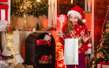 Tatil alışverişi tasarrufu. Hediyelik eşya ve dekor al. Evden alışveriş. Alışveriş torbalı küçük bir kız. Alışveriş merkezi konsepti. Satış ve indirimler. Yetenekli küçük kız. Kış alışverişi. Noel indirimi.