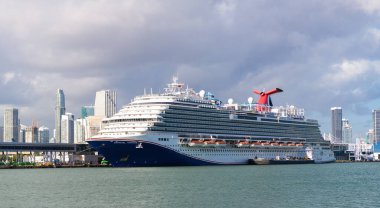 Miami, Florida, ABD - 03 Kasım 2024: lüks yolcu gemisi. Karnaval ufku. Gemi seyahati. Yaz tatilinde gemi turu. Gemi seyahati ve deniz seyahati. Karnaval yolcu gemisi.