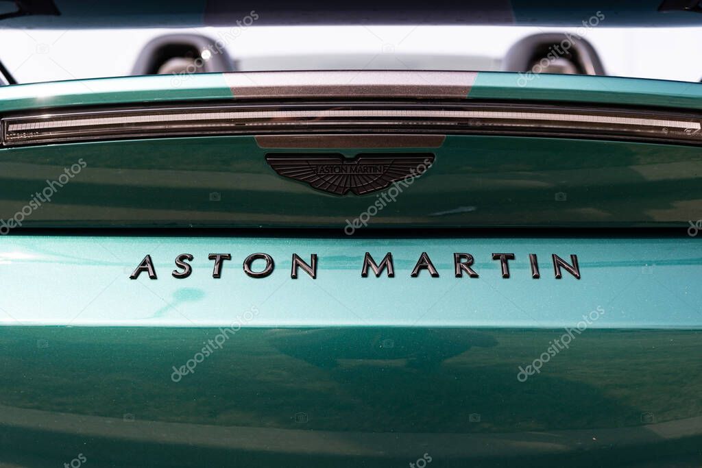 Chicago, Illinois, USA - September 08, 2024: 2023 Aston Martin V8 Vantage F1 edition convertible car, back view logo sign. Aston Martin V8 Vantage. Convertible Aston Martin V8 Vantage sportscar