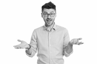 shocked manager isolated on white. shocked manager in studio. shocked manager on background. photo of shocked manager wear glasses.