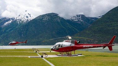 Skagway, Alaska, USA - July 23, 2019: Temsco red helicopter landing in Skagway, Alaska. Touristic helicopter of Temsco. Skagway helicopter tour. Temsco Helicopters Inc. clipart