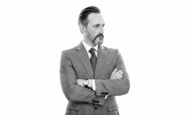 Girişimcinin başarısı. Ofis müdürü. Kendine güvenen iş adamı beyazda izole edilmiş. Takım elbiseli bir iş adamı. Olgun iş adamı. İş adamı portresi. Başarılı bir iş..