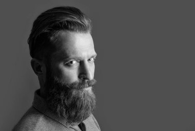 Sakal bakımı. Yakışıklı sakallı adamın sakalı var, fotokopi odası. Gri arka planda sakallı, uzun sakallı adam. Sakallı adamın stüdyo fotoğrafı..