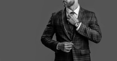 Banner 'da takım elbiseli bir CEO. Formalite icra kurulu başkanı gri arka planda izole edilmiş. Stüdyoda resmi kıyafet giyen bir CEO. Genel müdürün resmi giysi fotoğrafı..