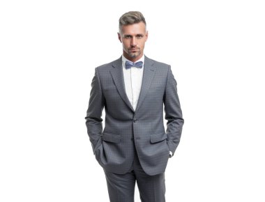 Grizzle resmi adam mavi smokinli papyon beyaz arka planda izole.