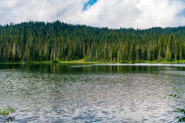Popüler yürüyüş gölü manzarası. Dağ ormanları. Yeşil orman. Dağ manzaralı bir göl. Dağ manzarası ve göl ormanı. Doğa manzarası. Manzaralı göl. Seyahat tutkusu.
