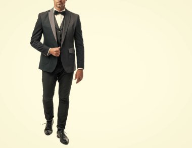 Beyaz arka planda, zengin smokin papyonlu, ağan damat. Tam uzunluk.