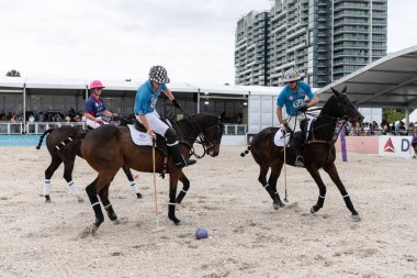 Miami Plajı, ABD-17 Kasım. 2024: Polo oyuncuları Dünya Polo Ligi Plajı 'nda oynuyorlar. Miami Beach, FL 'deki atların polo oyuncuları.