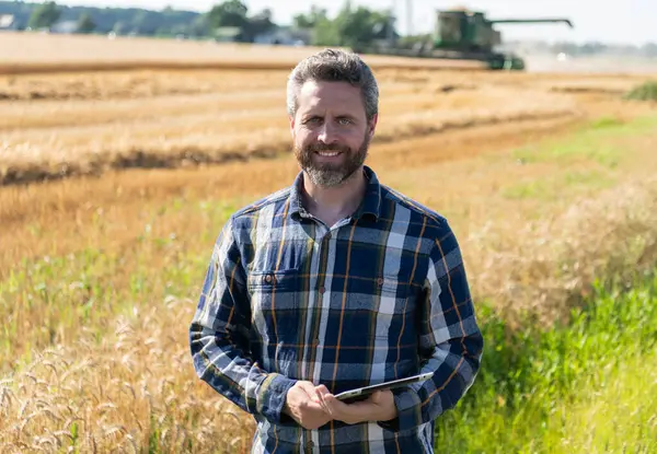 Tarlada tableti olan çiftçi tarımcı adam. Modern tarımın teknolojisi. Tarlada tabletle çalışan çiftçi. Tablet çekli İspanyol çiftçi. Ekin hasadı.
