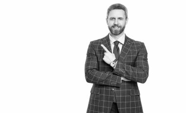 Başarılı iş adamı beyazı izole etti. İş adamının profesyonel mesleği. İş adamı portresi. Kopya uzayını işaret et. Başarılı bir iş. Girişimcinin başarısı. Ofis yöneticisi.