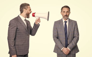 businessman shouting in loudspeaker isolated on white. confident business man promoter has conflict. businessman promoting idea for business. promotion concept. business promotion ideas. clipart