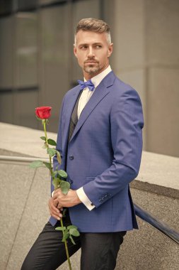 proposal concept. grizzle tuxedo man preparing for a proposal. man before marriage proposal.