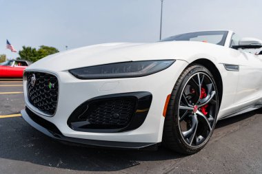 Chicago, Illinois, USA - September 08, 2024: Jaguar F-TYPE R75 AWD Convertible vehicle, corner view. Modern Jaguar F-TYPE R75 AWD Convertible car white color. F-TYPE R75 AWD Convertible car. F-TYPE clipart