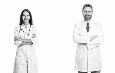 Doktor ve hemşire ekibi hastanede. Sağlık ve tıp konsepti. Sağlık çalışanları beyazları izole ediyor. Tıbbi servis. Sağlık hizmetleri meslektaşı olan bir doktor. Tıbbi personel. reklam.