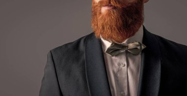 Smokin resmi kıyafet. Smokinli sakallı adam gri arka planda izole edilmiş. Smokin giysisiyle çekilen bir erkek stüdyosu. Smokin giyen sakallı adam..