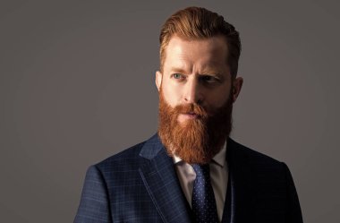 Girişimci suratının stüdyo çekimi. Takım elbiseli ve kravatlı bir girişimci. Takım elbiseli girişimci, gri arkaplanda fotokopi alanı ile izole edildi. Girişimci resmi kıyafet giyer..