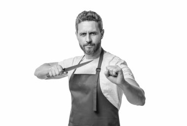 Kırmızı önlüklü kasap bıçağı beyaz arka planda izole edilmiş..